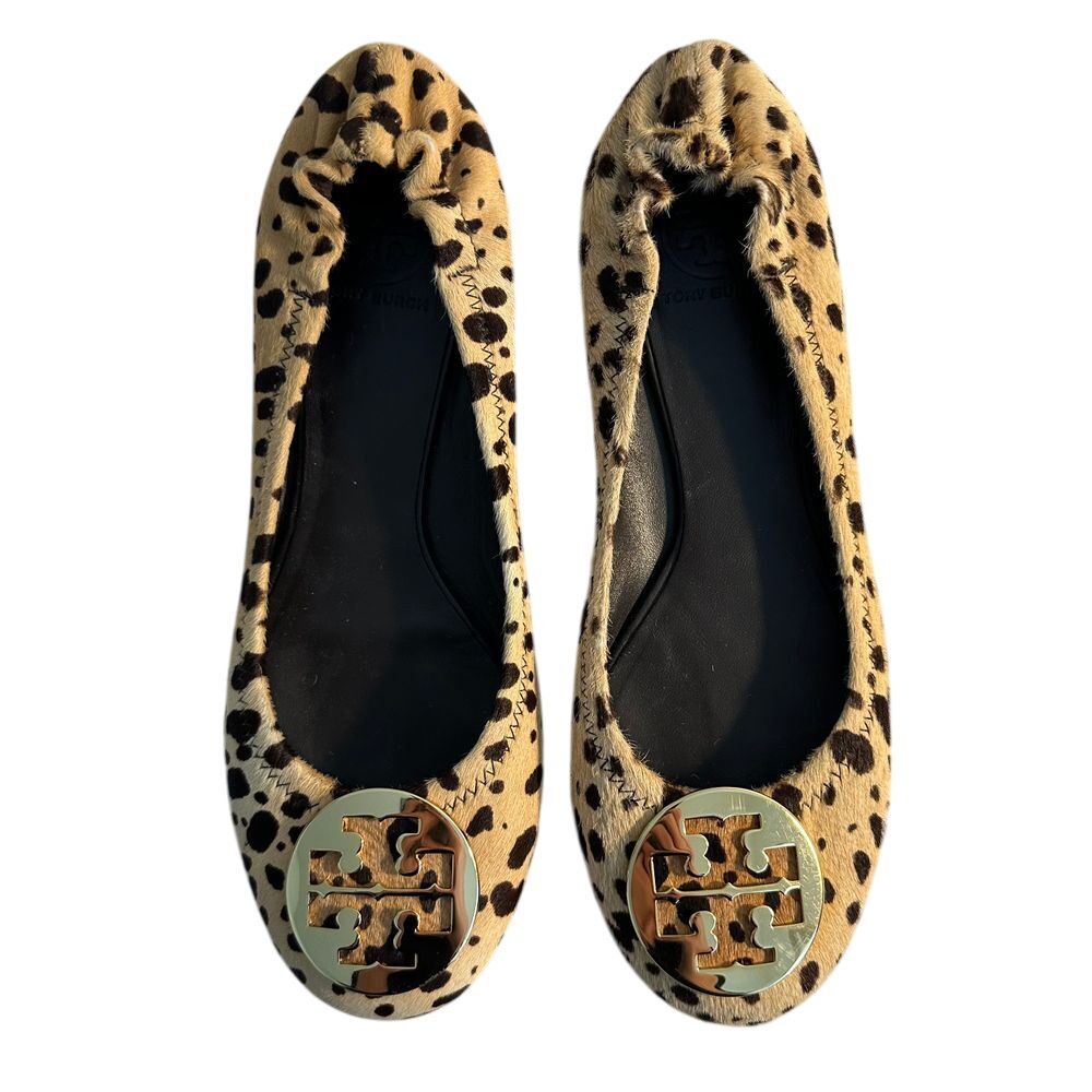 Tory Burch Reva Leopard Print Calf Hair Ballet Flats Size 9.5 Gold Logo